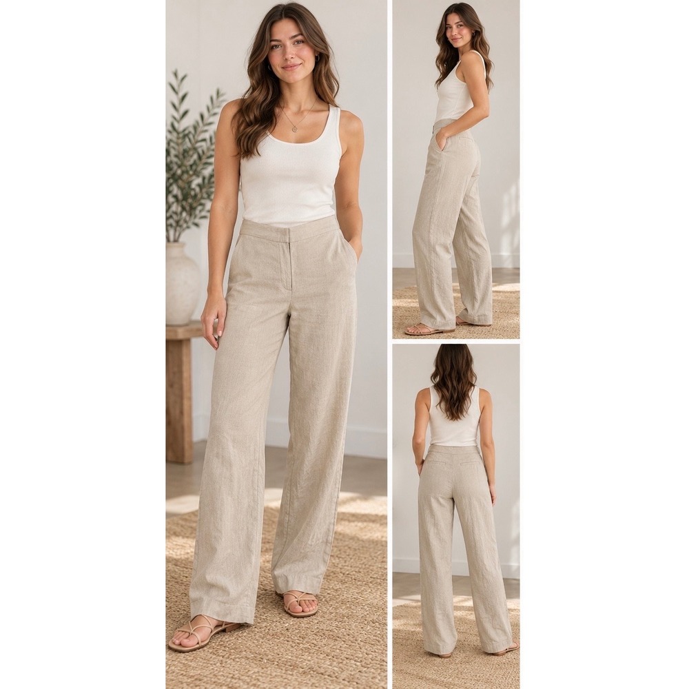 Monday Swimwear Monaco Linen Pants S Vanilla Beige High Rise Wide Leg Resort